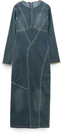 Generic Abito in denim patchwork da donna primaverile-Blu denim-L