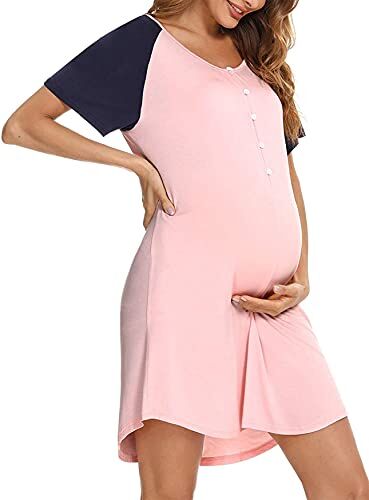 Uniexcosm Camicie Notte Donna, Camicia da Notte Parto Ospedale Camicia da Notte Allattamento con Bottoni Scollo a V Camicia Premaman Manica Corta Raglan Adatto Casa Rosa+Navy Blu XL