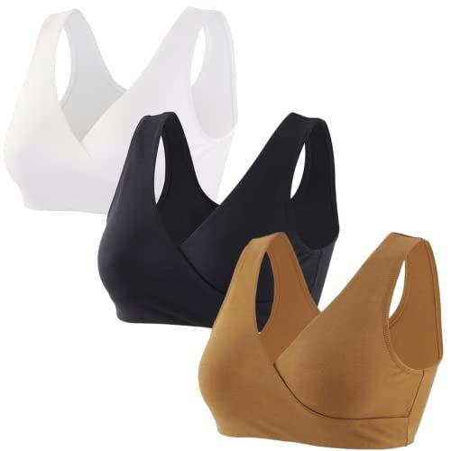 ZUMIY Reggiseno Allattamento, Reggiseno Senza Ferretto e Senza Cuciture, Cotton Reggiseno per Gravidanza e Allattamento,Comodo Reggiseno Senza Fili per Il Sonno Notturno (L,Black+White+Olive/3pack)