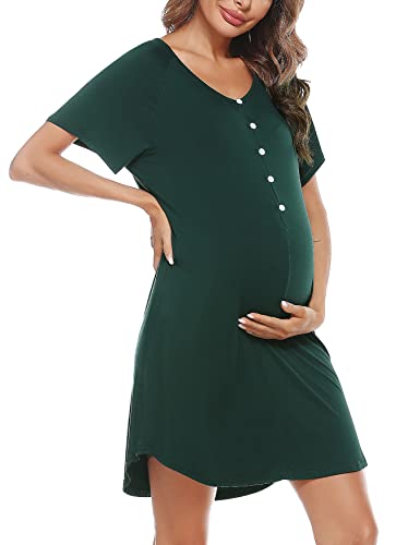 Uniexcosm Camicie Notte Donna, Camicia da Notte Parto Ospedale Camicia da Notte Allattamento con Bottoni Scollo a V Camicia Premaman Manica Corta Raglan Adatto Casa Verde Scuro XL