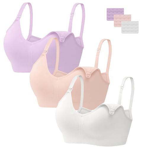 HBselect 3 PCS Reggiseno Allattamento con Estensione Reggiseno Bra Donna Morbido e Traspirante Reggiseno Senza Ferretto e Senza Cuciture Bianco Rosa Viola M