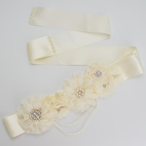 OUBFUUY Vintage Maternity Sash for Baby Shower Pregnancy Flowers Sashes, White