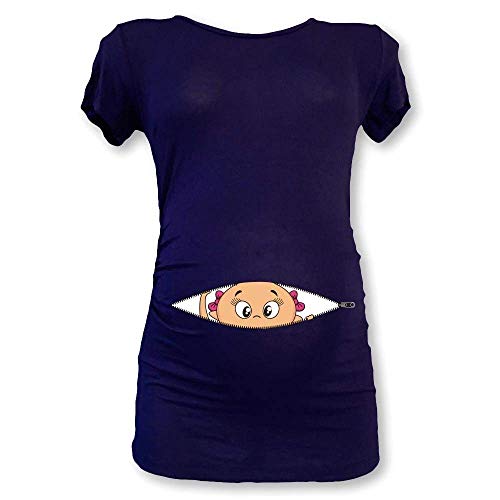 Babloo T Shirt Maglia Premaman Bimba Che Esce dalla Zip Blu M Manica Corta