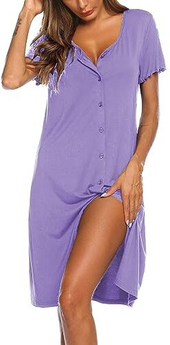 Ekouaer Camicie da Notte Donna Corta Vestito da Notte Sexy Bottoni Sleepwear Pigiama Allattamento Premaman, Lavanda, XL