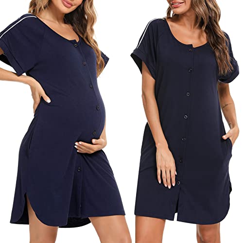 iClosam Camicia da Notte Donna Premaman Cotone Camicia da Notte Parto Ospedale con Bottoni Pigiama Donna maternità Manica Corta Sciolto Confortevole