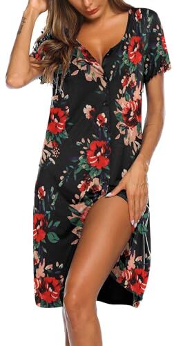 Ekouaer Camicie da Notte Donna Corta Vestito da Notte Sexy Bottoni Sleepwear Pigiama Allattamento Premaman, Fiore, M