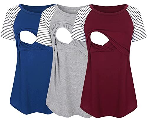 Generic Top da allattamento a maniche corte da donna con scollo rotondo, a righe, stampato, maglietta per l'allattamento al seno, confezione da 3 maglioni neri da donna (Grey, L)