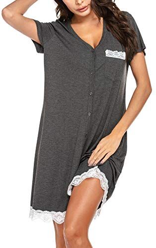 UNibelle Camicia da Notte Parto Ospedale Donna Corta Pigiama da Notte Premaman Allattamento Aperta Davanti Pizzo, Grigio Scuro, XL