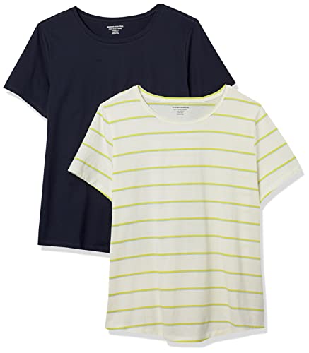 Amazon Essentials T-Shirt Girocollo A Maniche Corte 100% Cotone con vestibilità Classica (Taglie Forti Disponibili) Donna, Pacco da 2, Beige Frutta/Verde Scuro/Righe, L