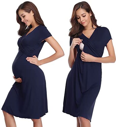 Irdcomps Camicia da Notte Donna Premaman Cotone Camicia Notte Allattamento Estiva Manica Corta Parto Ospedale Pigiama Vestito Gravidanza con Funzione di Allattamento al Seno Blu Scuro L