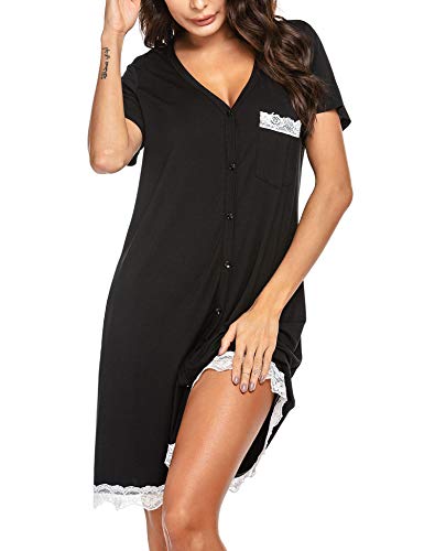 UNibelle Camicia da Notte Parto Ospedale Donna Corta Pigiama da Notte Premaman Allattamento Aperta Davanti Pizzo Camicia da Notte Estiva Bianca Aperta, Nero, XL