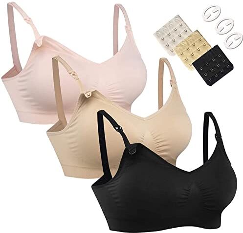 HOFISH Confezione da 3 reggiseni per allattamento senza cuciture, taglie S-XXL, con estensori e clip extra, 01 Tinta unita: Nero Beige Rosa, M