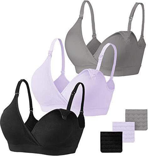 Vinfact Set da 3 Reggiseni Allattamento Senza Cuciture Reggiseno Premaman Cotone Morbido con Imbottito Reggiseno Gravidanza Senza Ferretto, Design con Scollo a V-XXL-Nero