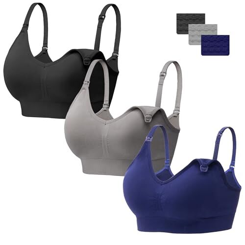 HBselect 3 PCS Reggiseno Allattamento con Estensione Reggiseno Bra Donna Morbido e Traspirante Reggiseno Senza Ferretto e Senza Cuciture Nero Grigio Scuro Blu Scuro M