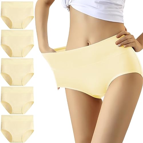 YouShow Mutande Donna Cotone Vita Alta Pacco da 5 Elastiche Pantaloncini Post Parto(Giallo,XL)