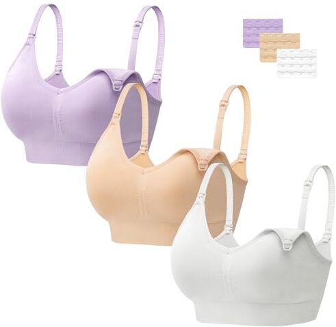 HBselect 3 PCS Reggiseno Allattamento con Estensione Reggiseno Bra Donna Morbido e Traspirante Reggiseno Senza Ferretto e Senza Cuciture Bianco Beige Viola M