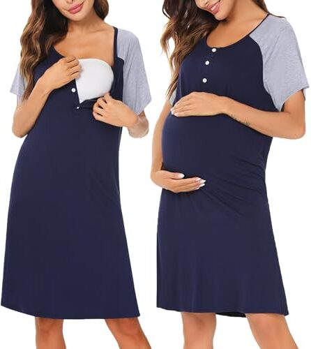 Irdcomps Camicia da Notte Donna Cotone con Bottoni Camicia da Notte Parto Ospedale Pigiama Gravidanza e Allattamento Donna Camicia Premaman Manica Corta Adatto Casa