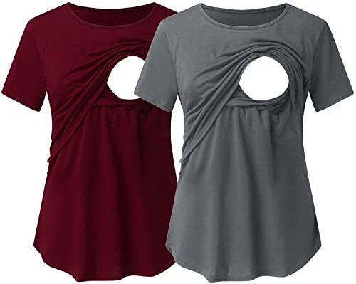 Generic Maglietta da donna a maniche corte, girocollo, tinta unita, asimmetrica, per l'allattamento, confezione da 2 camicette da donna (grigio, XL)