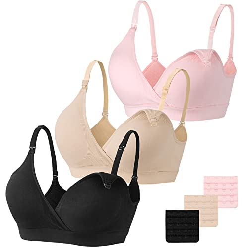 Vinfact Set da 3 Reggiseni Allattamento Senza Cuciture Premaman Cotone Morbido con Imbottito Reggiseno Gravidanza Senza Ferretto, Design con Scollo a V-M-Nero, Fleshcolor, Rosa