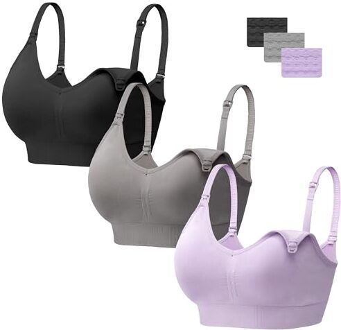 HBselect 3 PCS Reggiseno Allattamento con Estensione Reggiseno Bra Donna Morbido e Traspirante Reggiseno Senza Ferretto e Senza Cuciture. (Nero, Grigio, Viola (con 3 Bottone), L)