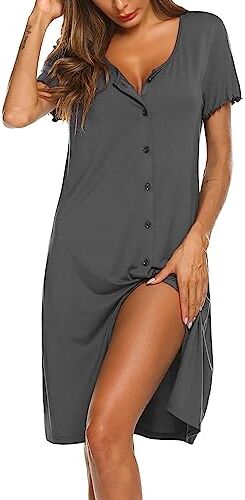 Ekouaer Camicie da Notte Donna Corta Vestito da Notte Sexy Bottoni Sleepwear Pigiama Allattamento Premaman, Grigio Scuro, XL