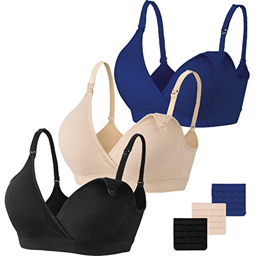 Vinfact Set da 3 Reggiseni Allattamento Senza Cuciture Reggiseno Premaman Cotone Morbido con Imbottito Reggiseno Gravidanza Senza Ferretto, Design Sexy con Scollo a V-XXL-Nero,Fleshcolor,Blu