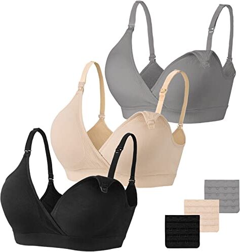 Vinfact Set da 3 Reggiseni Allattamento Senza Cuciture Reggiseno Premaman Cotone Morbido con Imbottito Reggiseno Gravidanza Senza Ferretto, Design con Scollo a V-XL-Nero,Fleshcolor,Grigio