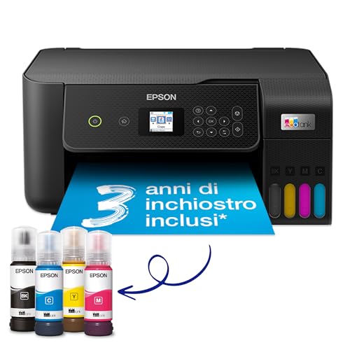 Epson EcoTank ET-2821 Stampante Multifunzione 3-in-1 A4, Serbatoi Ricaricabili Alta Capacità, 4 Flaconi Inclusi pari a 3600pag B/N 6500pag Colore, Display LCD USB Wi-Fi/Direct, Nero