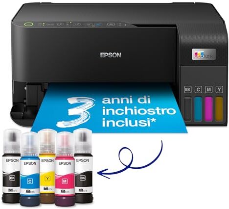 Epson EcoTank ET-2830 Stampante Multifunzione 3-in-1 A4, Serbatoi Ricaricabili Alta Capacità, 5 Flaconi Inclusi pari a 6600pag B/N 5900pag Colore, Display LCD USB Wi-Fi/Direct, Nero