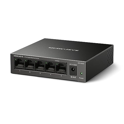 TP-Link Mercusys MS105GS Switch Ethernet 5 Porte Gigabit, Sdoppiatore Ethernet, Switch Gigabit per la Casa e l'Ufficio, Plug e Play, Montaggio Desktop, Cassa in Metallo, Durevole e Silenzioso