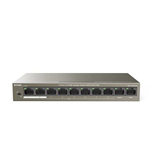 Tenda Ethernet Switch Poe 10-Porte 10/100 Mbps, Unmanaged, QoS, One-key VLAN，8 Porte Poe, 2 Porte in Uplink, 63W, Nessuna Configurazione Richiesta (TEF1110P-8-63W)