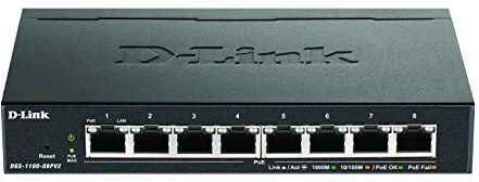 D-Link DGS-1100-08PV2/E Smart Switch Gestito PoE, 8 Porte Gigabit PoE a 64W, 802.3af/at, Supporto VLAN, Funzionalità layer 2, QoS, 802.3az EEE, Senza Ventole Cavi di alimentazione UE, Nero