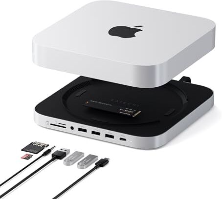 Satechi Mac Mini Hub e Stand con Custodia SSD per NVMe/SATA M.2, Dock Mac Mini con USB-C 10Gbps, 3 USB-A 5/10Gbps, Jack Audio 2.0, per Mac Mini M2/M1, Mac Studio Argento