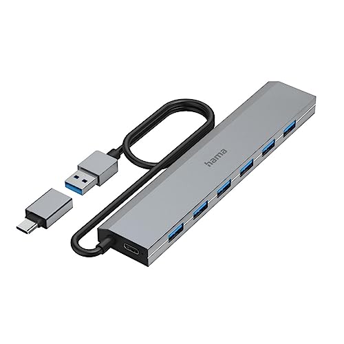 Hama Hub USB 7 porte (porta USB-A e USB-C con alimentatore, 7 x USB-A per mouse, tastiera, disco rigido esterno, chiavetta USB, ecc., alloggiamento in alluminio, adattatore USB per ufficio, casa