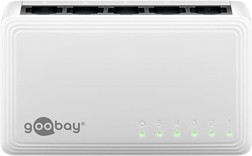 goobay Switch di rete Ethernet 64563 Gigabit a 5 porte, switch LAN con max. 1000 Mbit/s, design senza ventole, switch Ethernet con Plug & Play, distribuzione dati ottimizzata, bianco