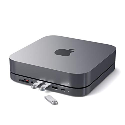 Satechi USB-C Hub Stand e Hub In Alluminio Porta USB-C, Lettore Micro/SD Card, USB-A 3.0 e Jack Cuffie Compatibile Mac Mini M2/M1, Mac Studio, 2020 e 2018 Mac Mini (Grigio Siderale)
