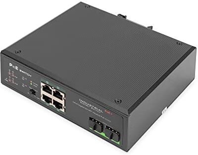 Digitus Switch industriale Gigabit PoE+ a 4 porte W.2x SFP Uplink IEEE802.3af/at, Dinrail, intervallo di velocità esteso