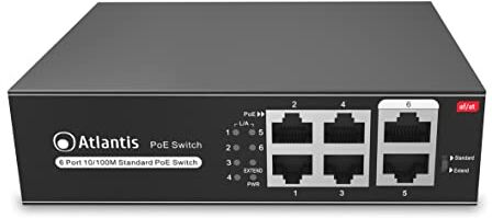 Atlantis switch 6 porte 10/100Mbps 4 porte poe sino a 65W, ogni porta sino a 30W, desktop e rack, alimetatore interno, cassa in metallo, A02-F6P4-65W, funzione VLAN e extended, sino a 250m, mode A