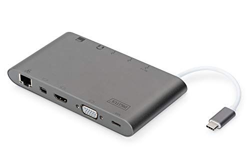 Digitus Docking station multiport, USB-C Dock 11 porte, audio/video, RJ45, 3 porte USB 3.0, porta di ricarica, lettore di schede, grigio