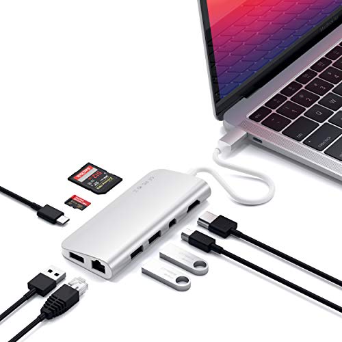 Satechi Adattatore Multimediale Type-C Con HDMI 4K, Mini Dp, USB-C PD, Ethernet Gigabit, USB 3.0, Slot Per Schede Micro/SD Per M2/ M1 Macbook Pro/Air (Argento)