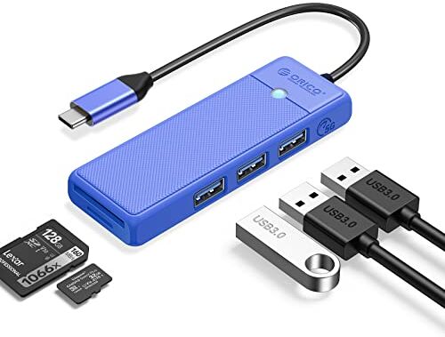 ORICO Hub USB 3.0, Hub USB C con Lettore di Schede SD/TF, Mini USB 3.0 a 3 Porte, USB Multiporta per MacBook Pro/air, iMac, Notebook PC, Flash Drive, Fotocamera, Tastiera, Mouse (15 cm, Blu)