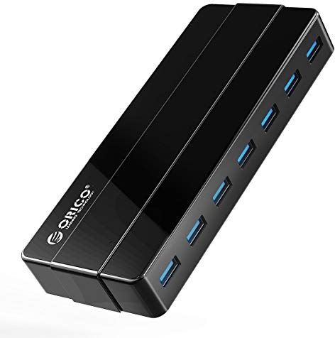 ORICO USB 3.0 HUB,  7 Porte hub usb con Alimentatore 12V2A e cavo dati da 100cm Cavo ad alta velocità da 5Gbps Compatibile con Windows XP/Vista / 7/8/10 / Linux e Mac Nero