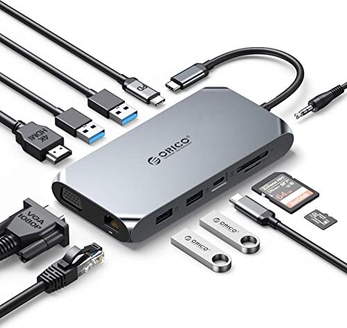 ORICO USB HUB Docking Station,  12 in 1 Adattatore USB C, con 4 K HDMI, 100 W Power Delivery, 1 Gbps Ethernet, 4 porte dati USB 3.0, lettore di schede SD e microSD, 1080P VGA, audio 3,5 mm