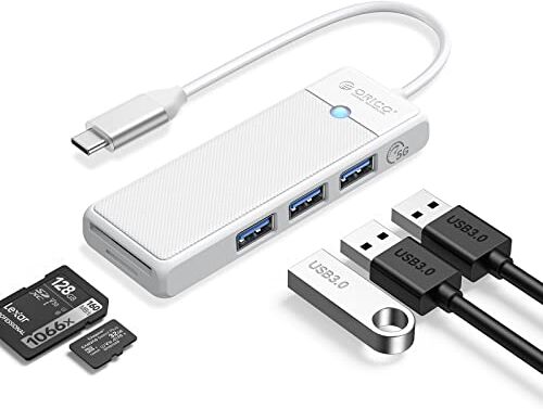 ORICO Hub USB 3.0, Hub USB C con Lettore di Schede SD/TF, Mini USB 3.0 a 3 Porte, USB Multiporta per MacBook Pro/air, iMac, Notebook PC, Flash Drive, Fotocamera, Tastiera, Mouse (15 cm, Bianco)