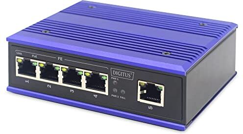 Digitus Switch di rete PoE 5 porte Fast Ethernet Montaggio su guida DIN Morsettiera Senza ventola Nero/Blu