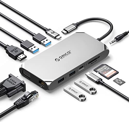 ORICO USB HUB Docking Station,  12 in 1 Adattatore USB C, con 4 K HDMI, 100 W Power Delivery, 1 Gbps Ethernet, 4 porte dati USB 3.0, lettore di schede SD e microSD, 1080P VGA, audio 3,5 mm