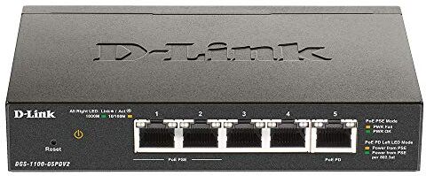 D-Link DGS-1100-05PDV2 Smart Switch Gestito Poe, 5 Porte Gigabit, 2 Porte Poe, Poe Passthrough, 802.3af/at, Supporto VLAN, Funzionalità Layer 2, QoS, 802.3az EEE, Senza Ventole