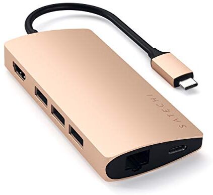 Satechi Adattatore Multiporta V2 in Alluminio 4K HDMI (60 Hz), Gigabit Ethernet, Porta di Ricarica USB-C, Lettori Schede SD/Micro, USB 3.0 Compatibile con MacBook Pro 2020/ Air M1 (Oro)