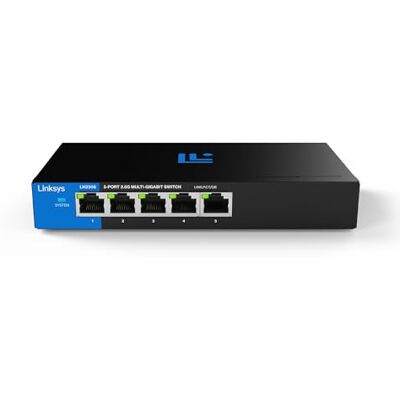 Linksys Switch non gestito multi-gig a 5 porte, 2,5 G, Ethernet ad alta efficienza energetica, controllo del flusso full-duplex, ideale per piccoli e uffici domestici con design senza ventola e Linksys Switch non gestito multi-gig a 5 porte, 2,5 G, Ethernet ad alta efficienza energetica, controllo del flusso full-duplex, ideale per piccoli e uffici domestici con design senza ventola e