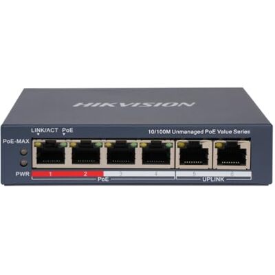 Hikvision Switch Unmanaged DS-3E0106P-E/M(B) 4x PoE 2x Uplink (RJ45) 10/100 Mbps Grigio Hikvision Switch Unmanaged DS-3E0106P-E/M(B) 4x PoE 2x Uplink (RJ45) 10/100 Mbps Grigio